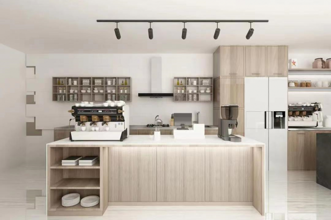 Modern Wooden Open Hotel Kitchen Cabinets Sets Quartz Counter 2