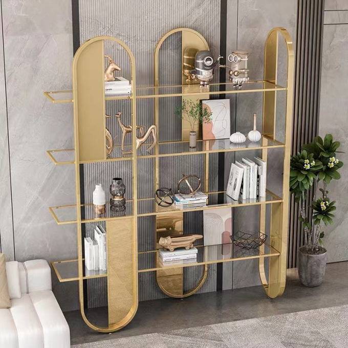 Custom Modern Stainless Steel Hotel Furniture Bookshelf Display Cabinet Gold 0