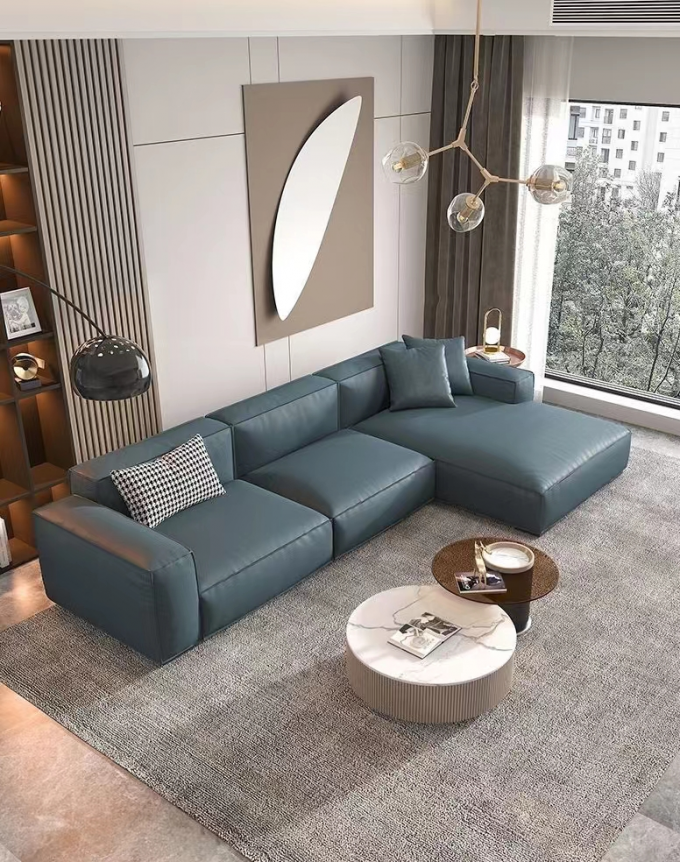 Leather Custom Sofa Bed Straight Row Minimalist Living Room Head Layer Cowhide Caramel Color 3