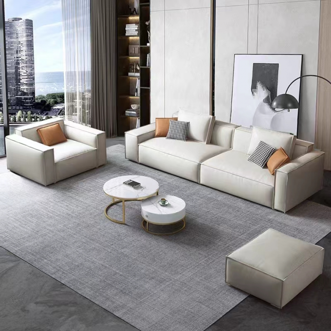 Leather Custom Sofa Bed Straight Row Minimalist Living Room Head Layer Cowhide Caramel Color 4