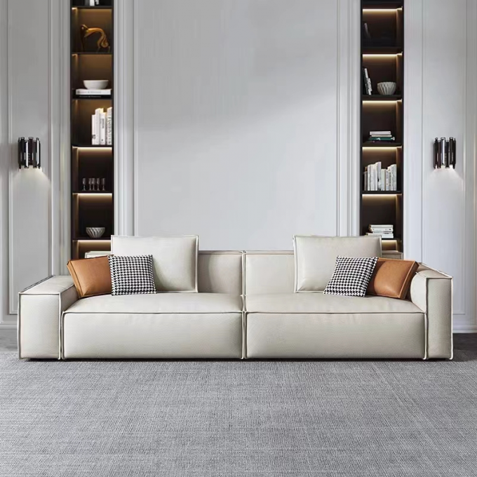 Leather Custom Sofa Bed Straight Row Minimalist Living Room Head Layer Cowhide Caramel Color 6