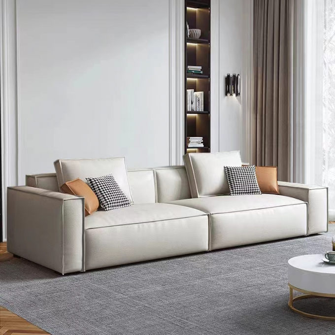 Leather Custom Sofa Bed Straight Row Minimalist Living Room Head Layer Cowhide Caramel Color 5