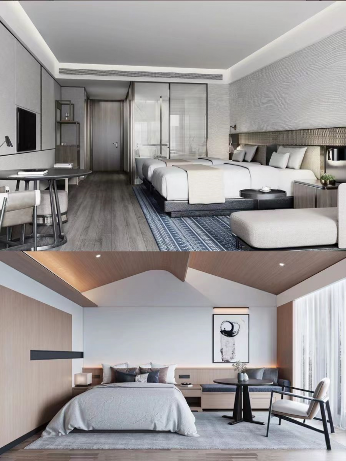 Luxury Modern Hotel Bedroom Furniture Sets Walnut Veneer Bed E1 Plywood Customized 0