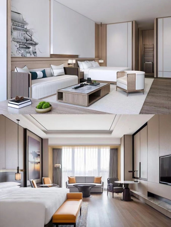 Luxury Modern Hotel Bedroom Furniture Sets Walnut Veneer Bed E1 Plywood Customized 3