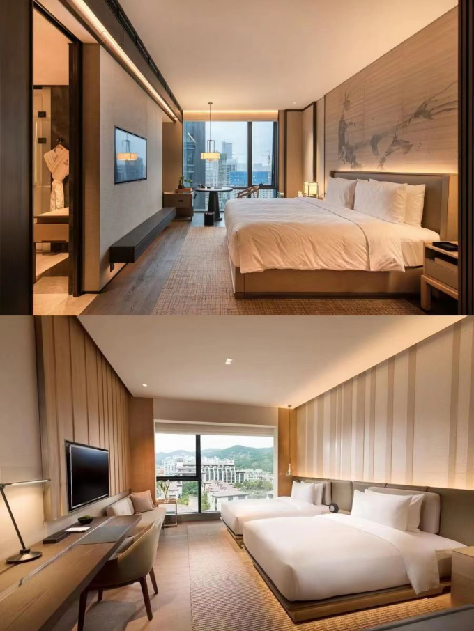 Luxury Modern Hotel Bedroom Furniture Sets Walnut Veneer Bed E1 Plywood Customized 4