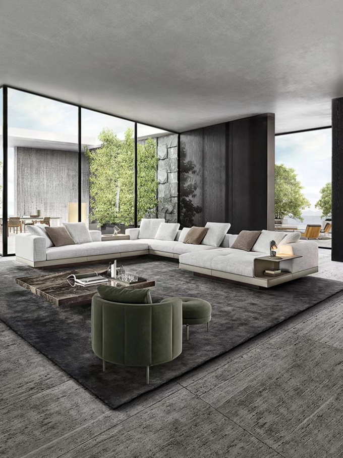 Shaped Curved Minimalist Hotel Lobby Furniture Linen Sectional Sofa 6