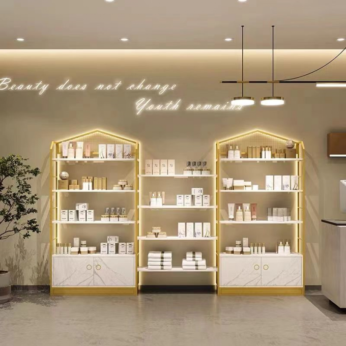 Versatile Cosmetic Luxury Display Cabinets MultiLayer Marble Shelving Golden Body 1