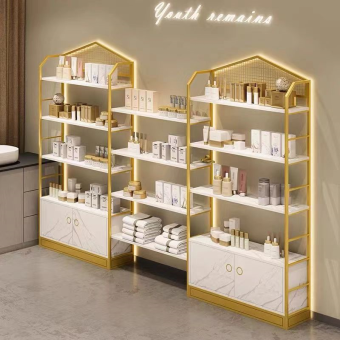 Versatile Cosmetic Luxury Display Cabinets MultiLayer Marble Shelving Golden Body 2