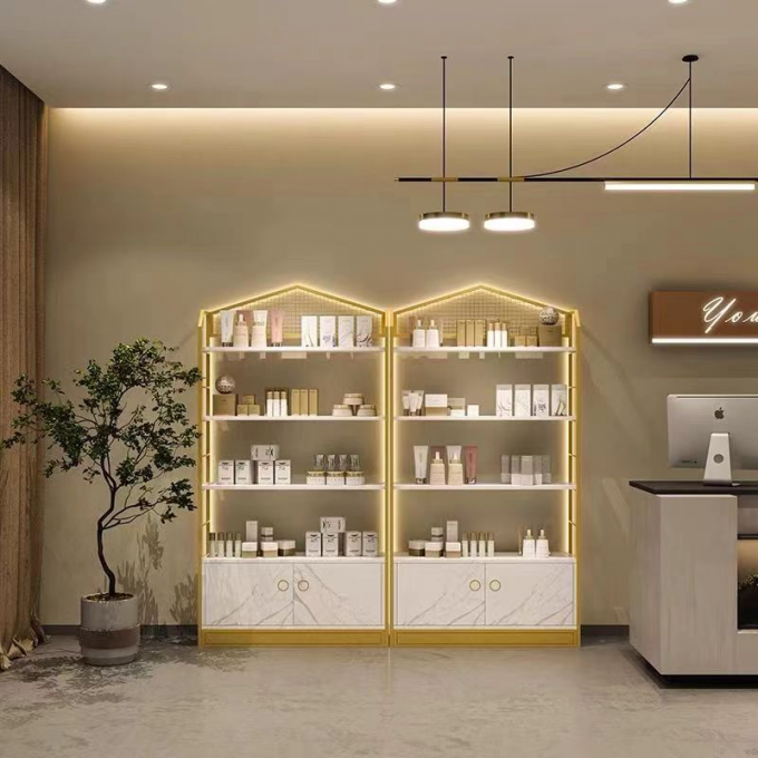 Versatile Cosmetic Luxury Display Cabinets MultiLayer Marble Shelving Golden Body 3