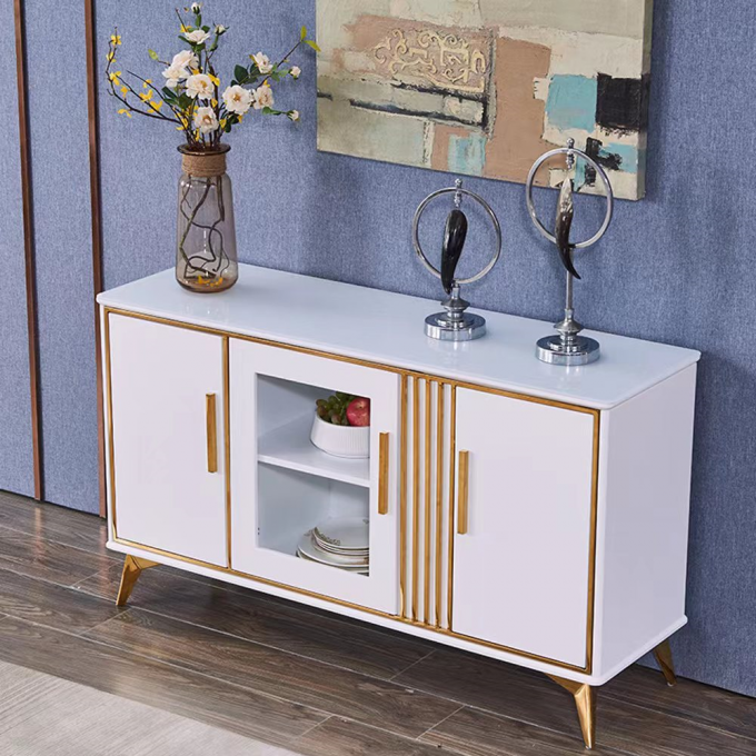 White Luxury Sideboard Cabinets Marble Facet Metal Glass Door Custom 2