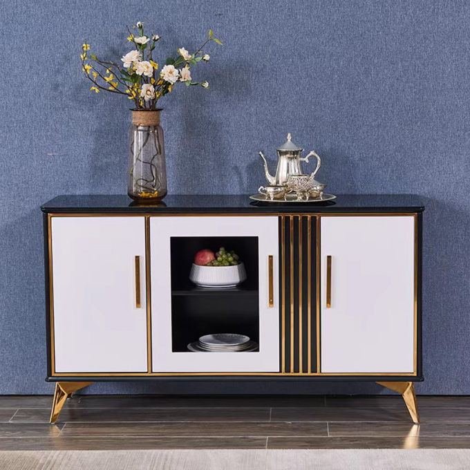 White Luxury Sideboard Cabinets Marble Facet Metal Glass Door Custom 3
