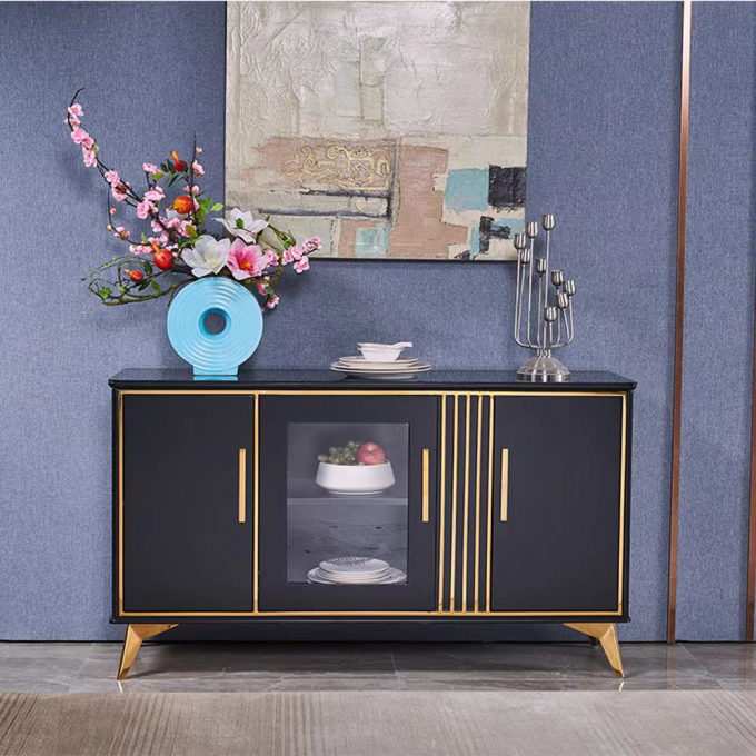 White Luxury Sideboard Cabinets Marble Facet Metal Glass Door Custom 4