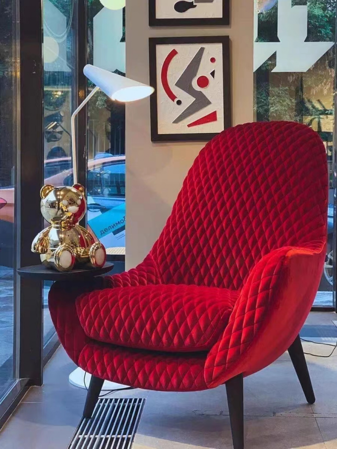 Burgundy Diamond Grid Living Room Fabric Sofa Chair With Stainless Steel Tea Tray 3