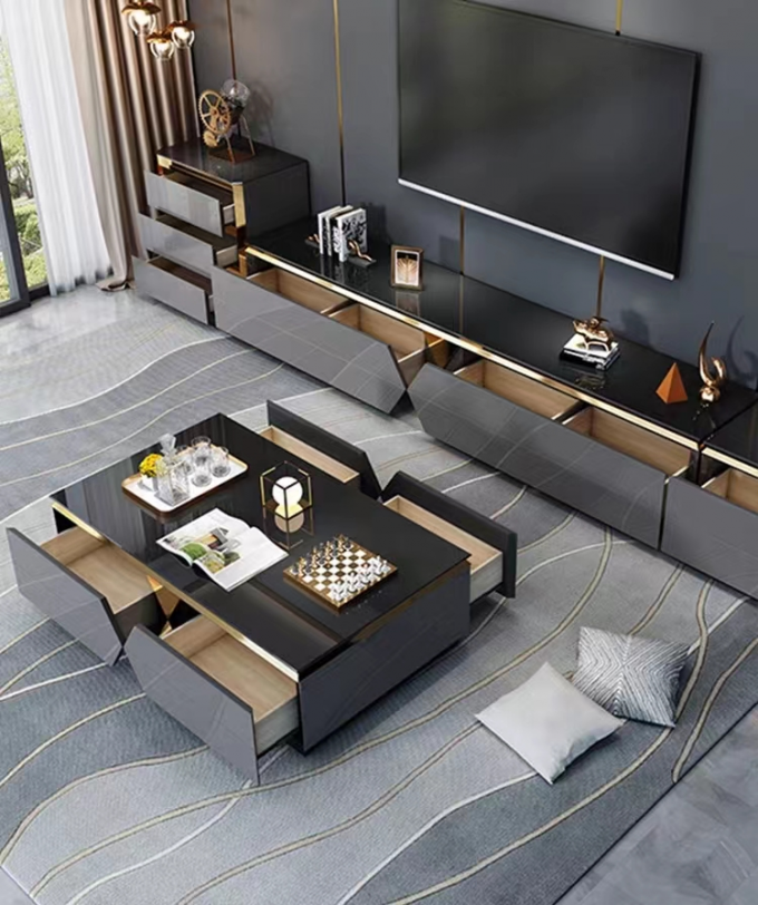 Rock Plate Hotel Room Cabinets Luxury TV Cabinet Sets Hotel Room Black Glass 4