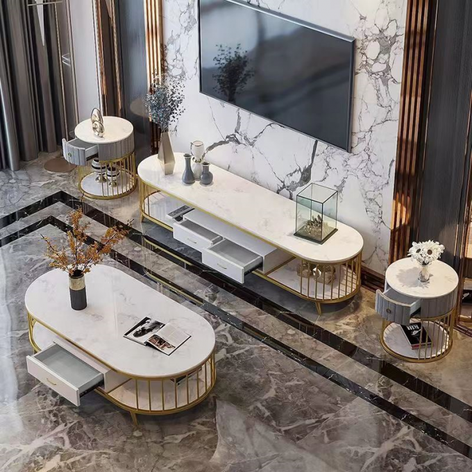 Marble Oval Hotel Room Cabinets Hollowed Out Metal TV End Table Media Cabinet 0