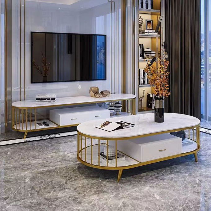 Marble Oval Hotel Room Cabinets Hollowed Out Metal TV End Table Media Cabinet 1