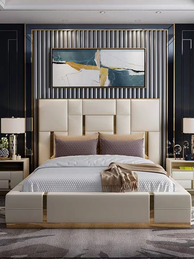 Bentley Luxury Leather Cowhide King Size Bed Large Apartment Hotel Room 0