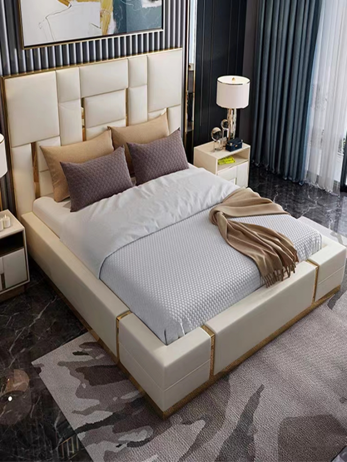 Bentley Luxury Leather Cowhide King Size Bed Large Apartment Hotel Room 1