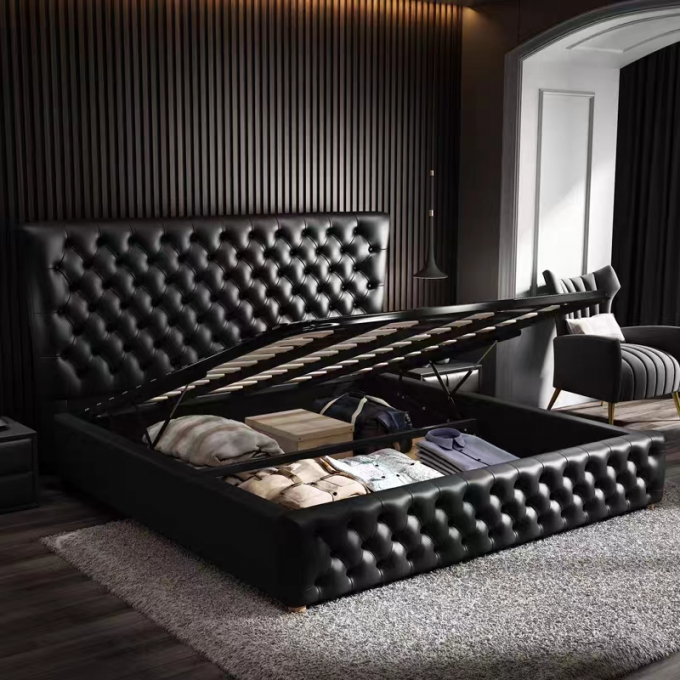 5 Star Hotel Bedroom Furniture Double Black Grid Solid Wood King Size Bed 4