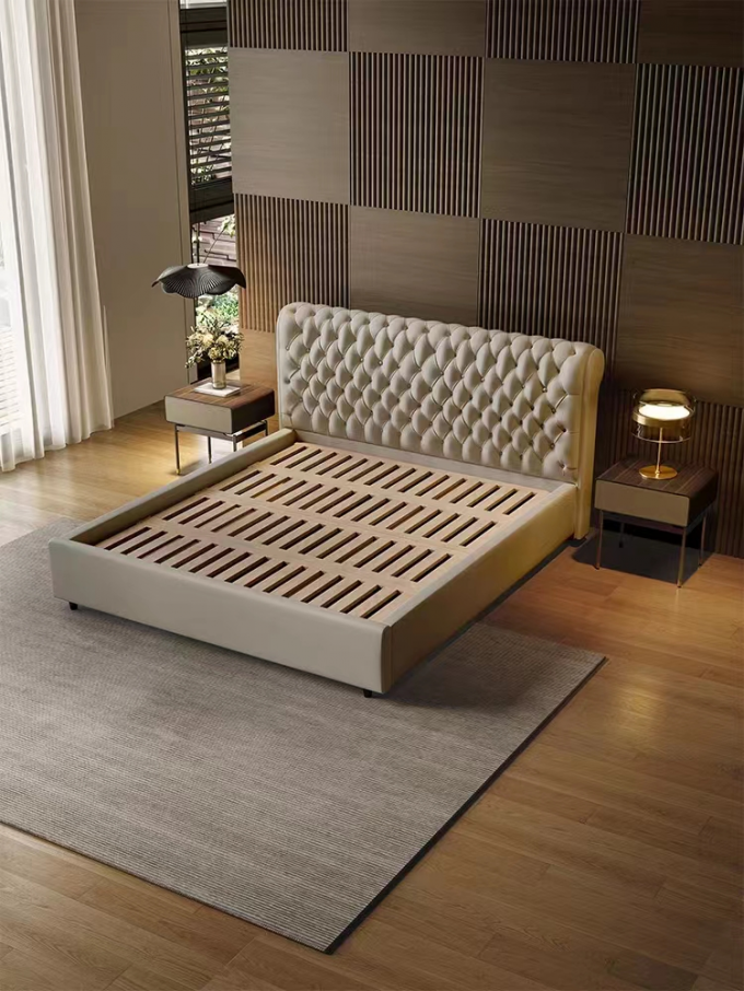 5 Star Hotel Bedroom Furniture Double Black Grid Solid Wood King Size Bed 3