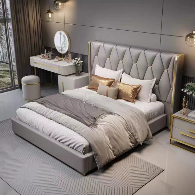 Custom Hotel Bedroom Furniture Royal Velvet Fabric King Size Bed 3