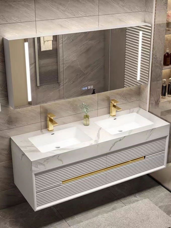 Rock Plate Luxury Hotel Furniture Ceramic Seamless Integrated Bathroom Basin Cabinet 0