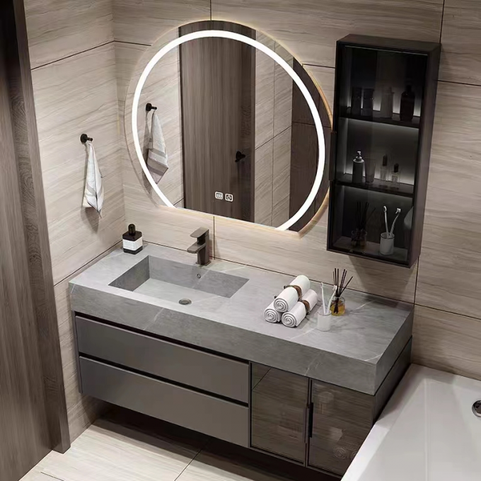 Rock Plate Luxury Hotel Furniture Ceramic Seamless Integrated Bathroom Basin Cabinet 1