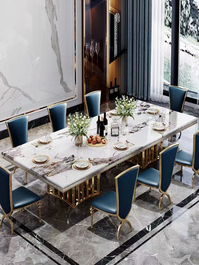 Luxury Hotel Restaurant Furniture Rectangular Metal Rock Plate  Hotel Dining Table 8 10 Chairs 0