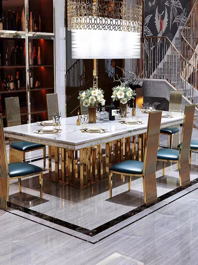 Luxury Hotel Restaurant Furniture Rectangular Metal Rock Plate  Hotel Dining Table 8 10 Chairs 1