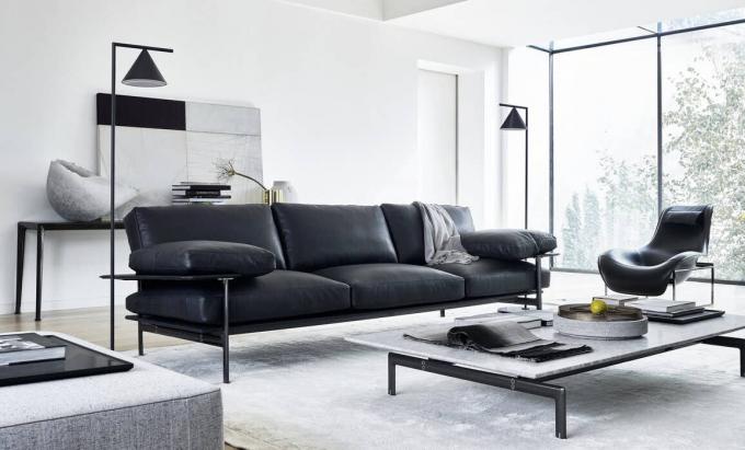 Light Luxury Minimalist Multi-seat Black Hotel Room Leather Sofa With Metal Frame 1