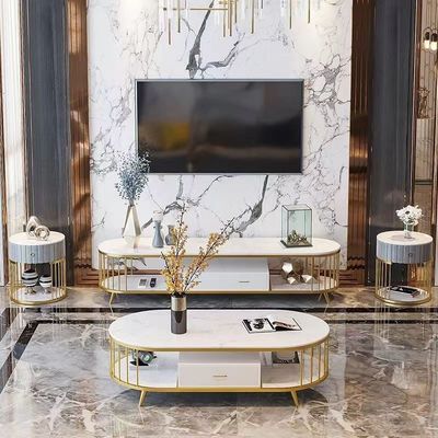 Buy Marble Oval Hotel Room Cabinets Hollowed Out Metal TV End Table Media Cabinet online manufacture