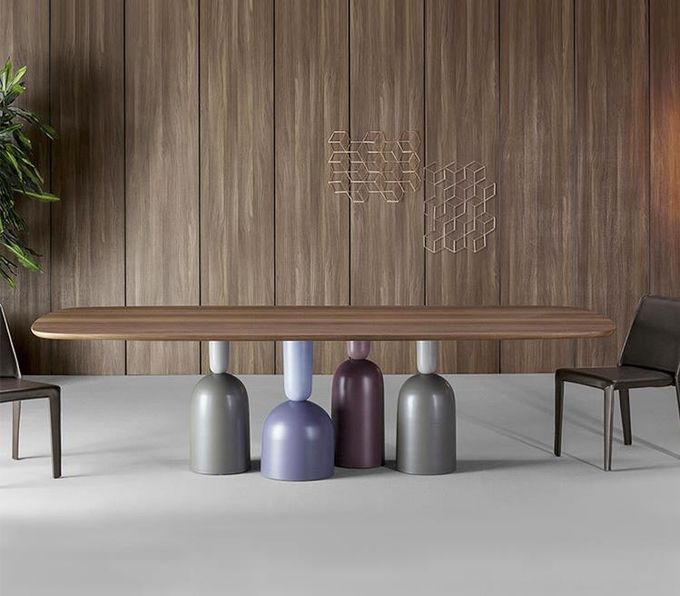 Customized Walnut Color Metal Base Dining Table Rectangular Shape 4