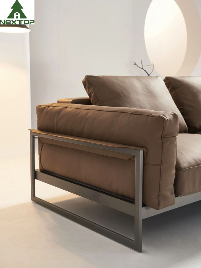 Living Leather Brown Hotel Room Sofa 3 Seaters Soft Reclining Sofa Metal Frame 1