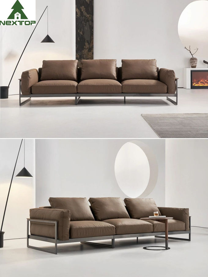 Living Leather Brown Hotel Room Sofa 3 Seaters Soft Reclining Sofa Metal Frame 0