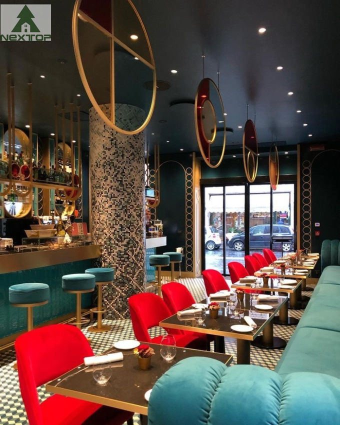 Retro One Stop Solution Bar Restaurant Booth Seating Long Couch Railing Screen Wall Cabinet 4