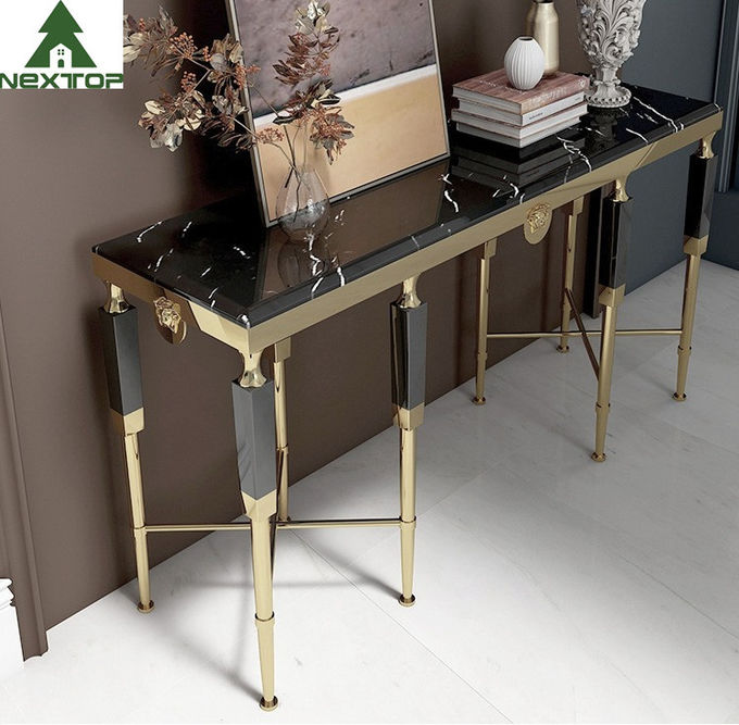 Modern Luxury Hotel Furniture Gold Stainless Steel Marble Decorative Console Entryway Table 2