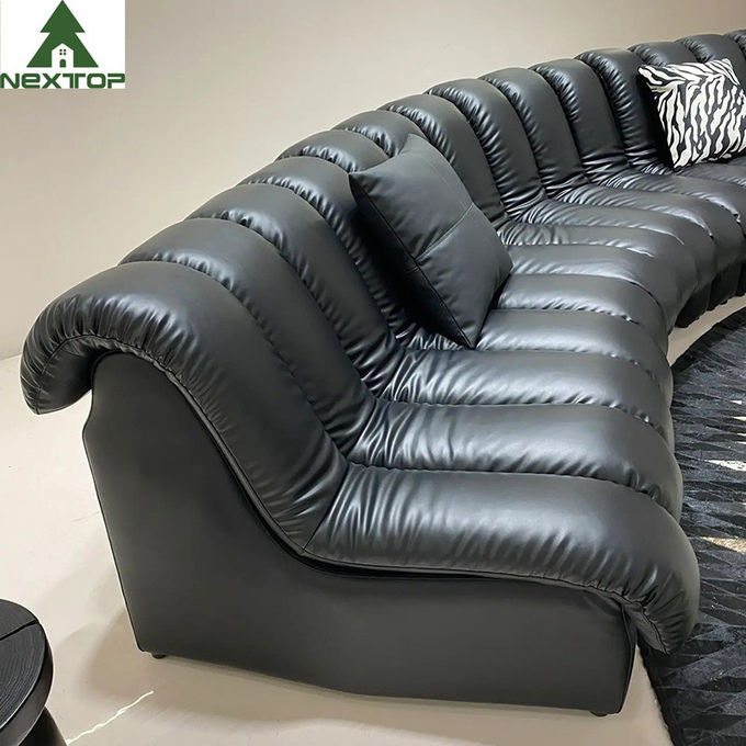 Luxury Black Leather Curved Piano Sofa Large Lobby Set For Hotel Villa 3