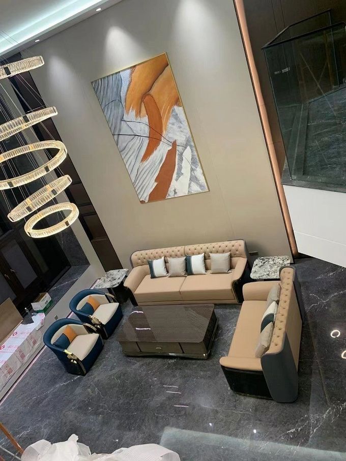 High End Hotel Lobby Furniture Genuine Leather Stainless Steel Armrest Single Lounge Chair 5