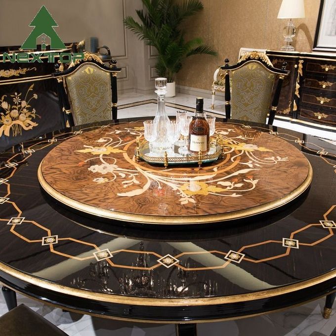 Deluxe Dining Room Set Classical Antique Wooden Round Dining Table With Turntable 2