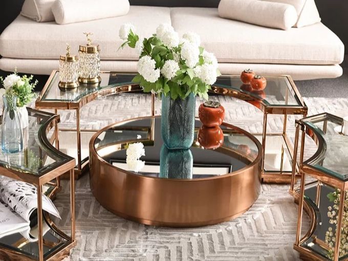 OEM Modern Glass Coffee Table Mirror Rose Gold Center Table For Lobby Home Villa 1