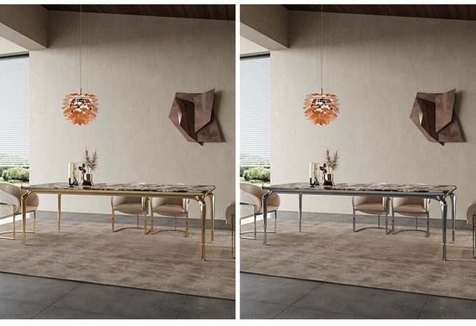 Italian Hotel Restaurant Furniture Rectangular Natural Marble Stainless Steel Metal Dining Table 3