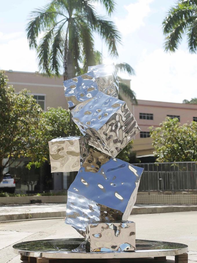 Silver color Hotel Lobby Sculpture Geometric Water Waves Three Dimensional Rubik'S Cube Sculpture 0