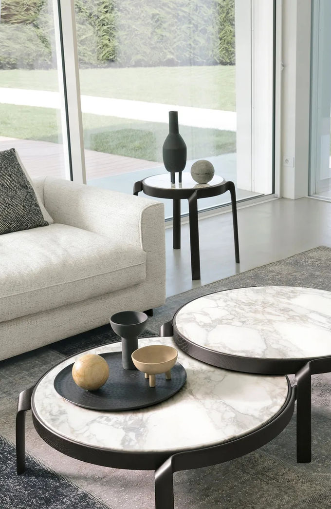 Premium Interior Coffee Side Table With Marble Top Curved Walnut Frame Legs 3