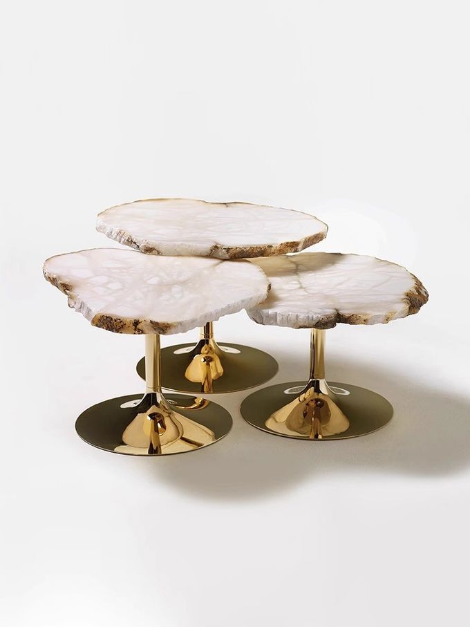 SUS 304 Irregular Shaped Snowstone Coffee Table Set High End Metal Mirror Base 7