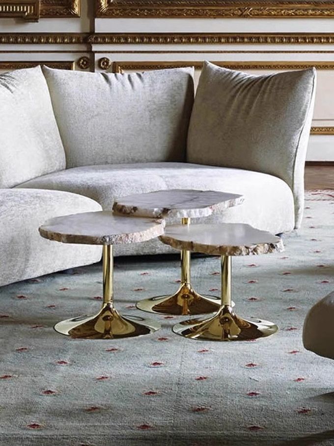 SUS 304 Irregular Shaped Snowstone Coffee Table Set High End Metal Mirror Base 3