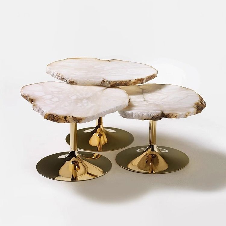 SUS 304 Irregular Shaped Snowstone Coffee Table Set High End Metal Mirror Base