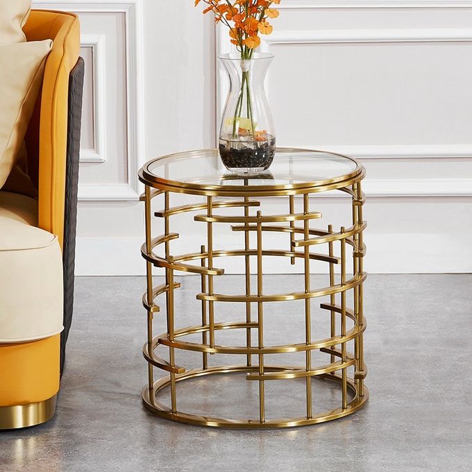 Golden Metal Corner Table Sofa Side Table Round Glass Table Top Bedside Table 4