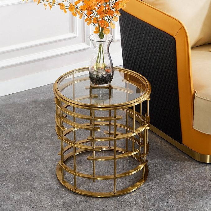Golden Metal Corner Table Sofa Side Table Round Glass Table Top Bedside Table 6