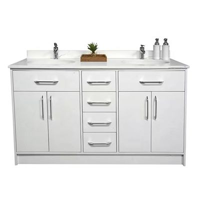 Good price White 60 Inch Hotel Room Cabinets Double Sink Floor Mounted Cabinets Custom online